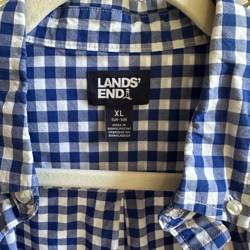 Lands' End Husky Boys Navy and White Checkered Button Down Shirt